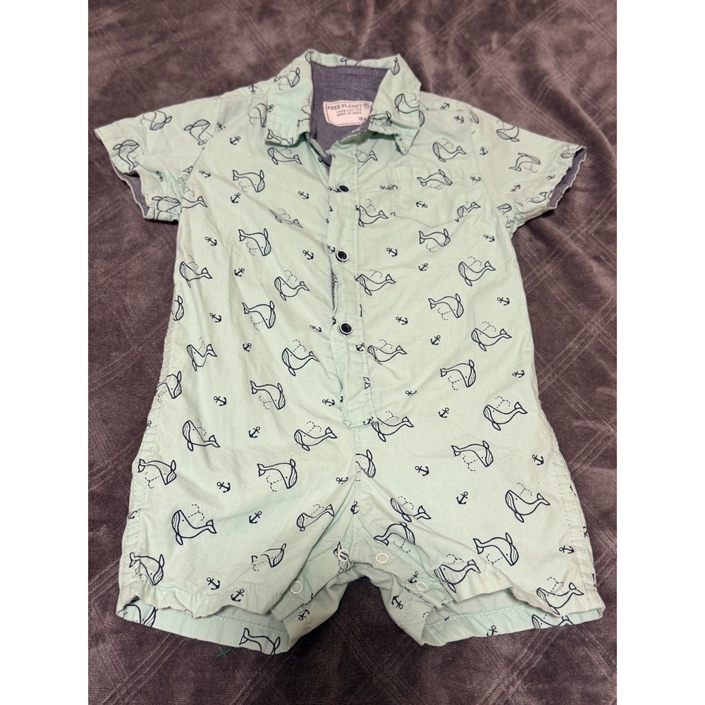 Free Planet Baby Boy Size 18 Months Cotton Blue Whale Nautical Romper Summer